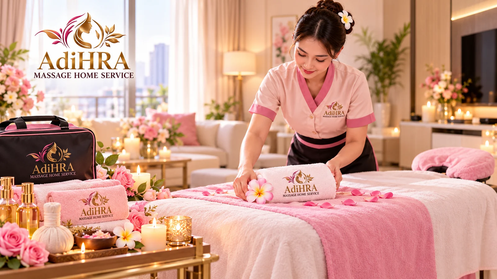 AdiHRA spa towels, candles and flowers